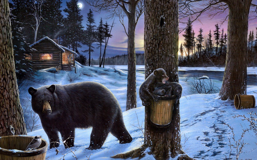 сбор живицы - пейзаж, медведи, река, медвежата, зима, природа, сосны - оригинал