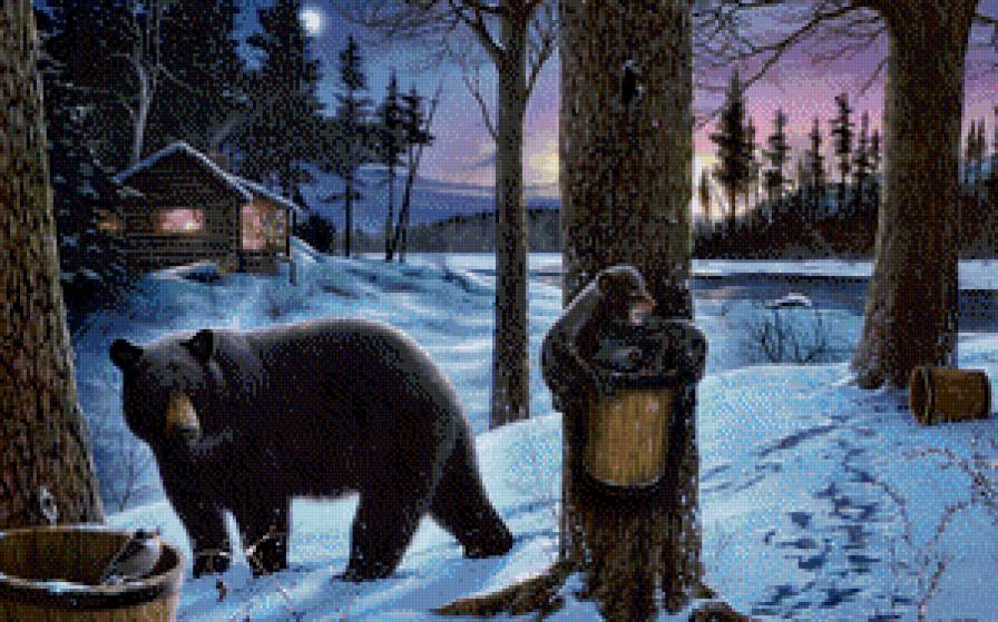 сбор живицы - медвежата, природа, медведи, сосны, пейзаж, зима, река - предпросмотр