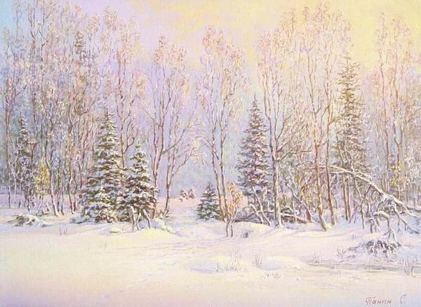 солнечное утро в зимнем лесу - пейзаж, утро, картина, сугробы, лес, снег, зима - оригинал