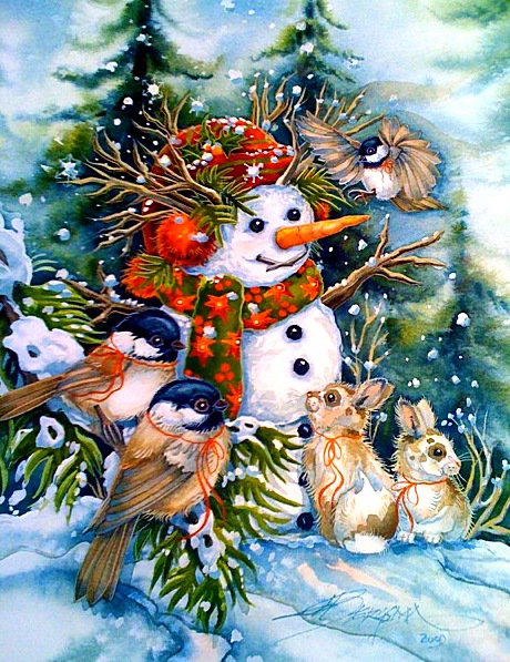 Снеговик - новогоднее, зайки, картинка, зима, птички, снеговик - оригинал
