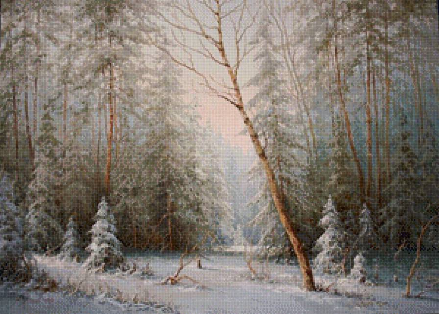 утро в зимнем лесу - зима, лес, картина, сугробы, снег, утро, пейзаж - предпросмотр