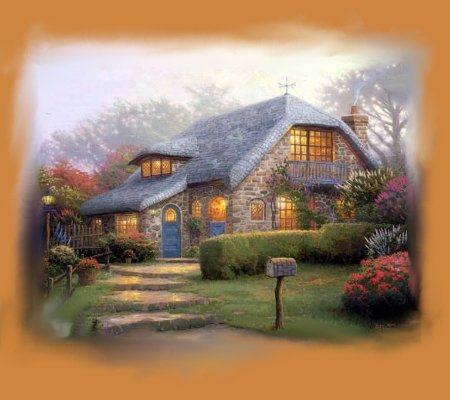 уютный домик - домик, пейзаж, садик, лето, цветы, гирлянда, розы, венок - оригинал