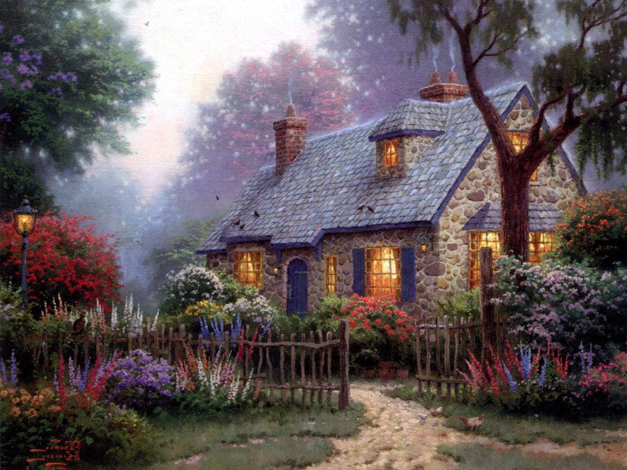 цветы у дома - деревья, куст, картина, цветы, дом, домик, садик, сад - оригинал