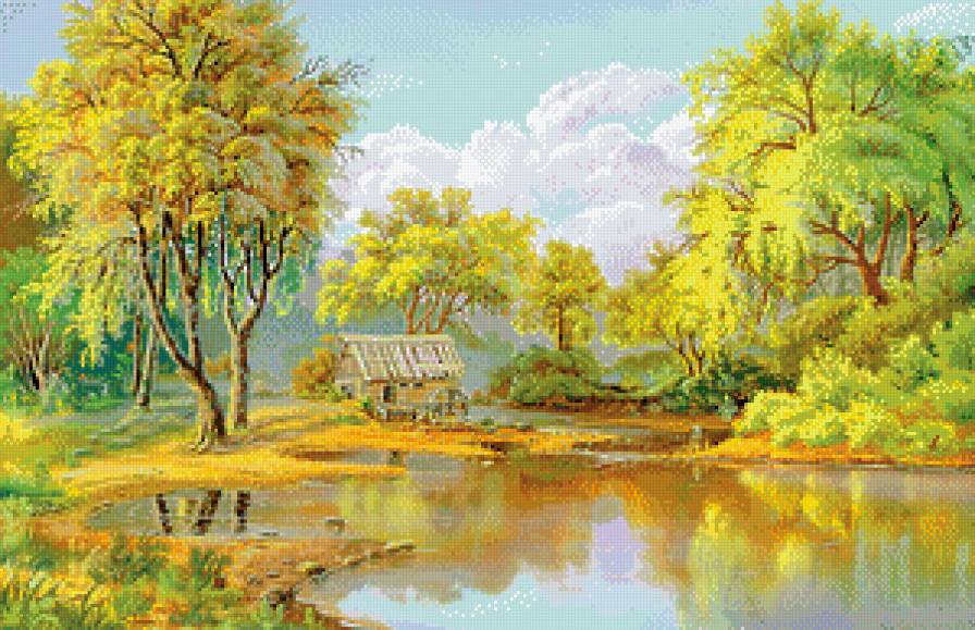 Сказочный пейзаж - осень, мельница, живопись, пейзаж, река - предпросмотр