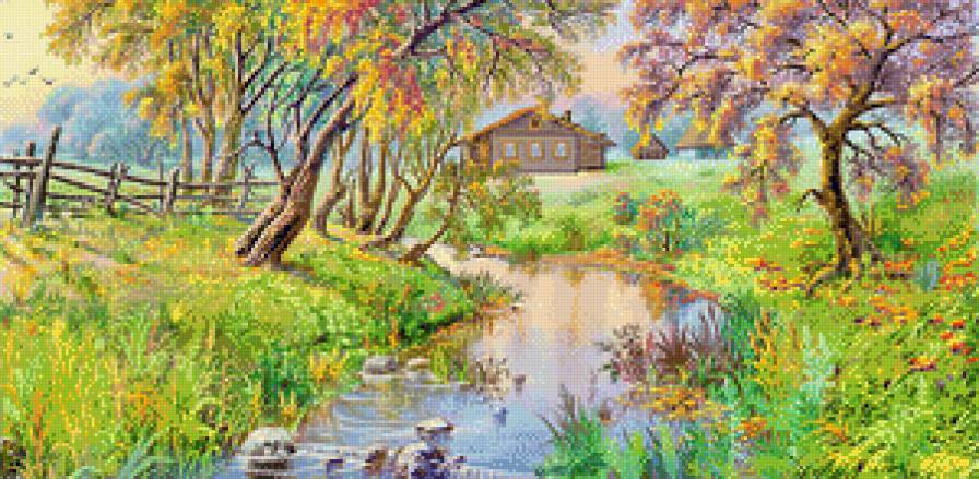 Сказочный пейзаж - река, осень, живопись, домики, пейзаж - предпросмотр