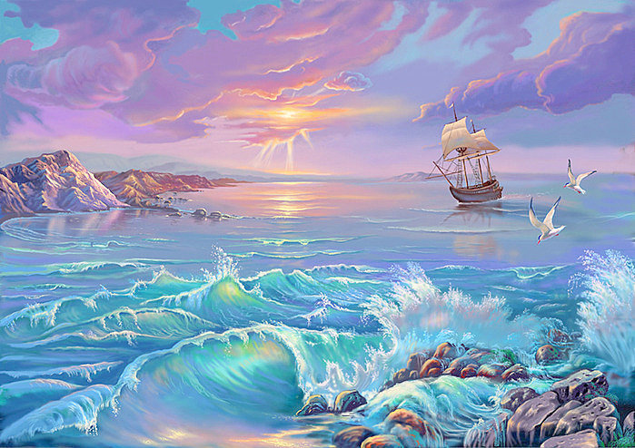 Сказочный пейзаж ... море - пейзаж, море, живопись, закат - оригинал