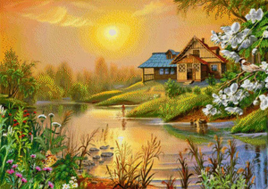Сказочный пейзаж - домики, закат, живопись, река, пейзаж - предпросмотр