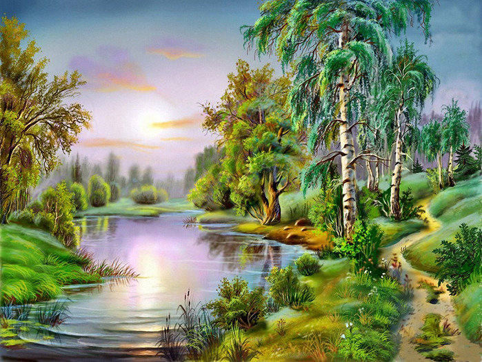 Сказочный пейзаж - лес, живопись, рассвет, река, пейзаж - оригинал