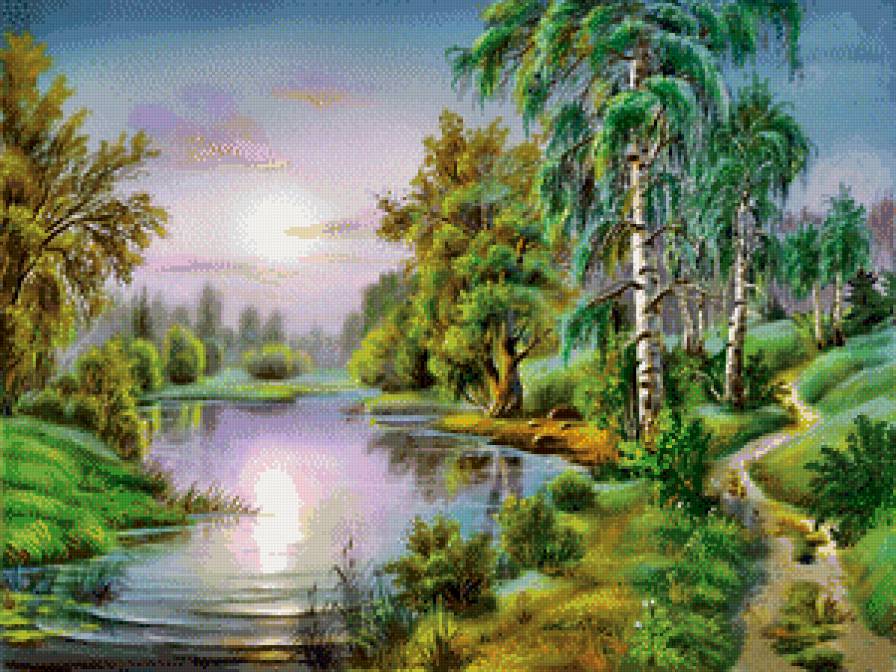 Сказочный пейзаж - лес, пейзаж, река, рассвет, живопись - предпросмотр