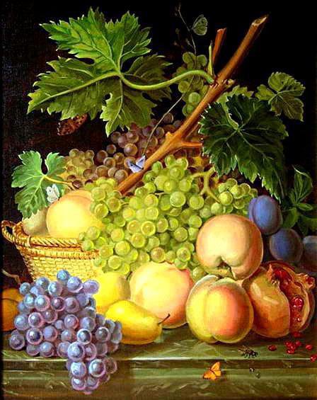 Натюрморт с фруктами - персики, гранат, виноград, натюрморт - оригинал