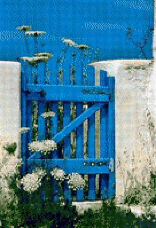 Синяя калитка - дверь, синий, цветы - предпросмотр