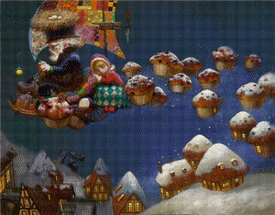 Деревушка и кексы - сладости, девочка, сказка, дедушка, деревня, снег, полет, кекс - предпросмотр