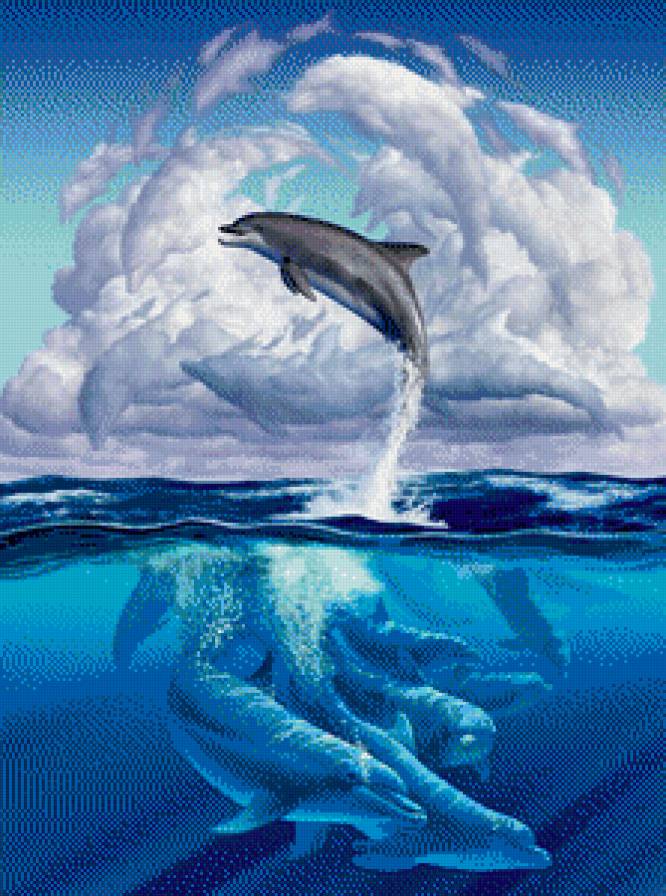 дельфины - животное, стая, море, фэнтези, облака, живопись, небо - предпросмотр