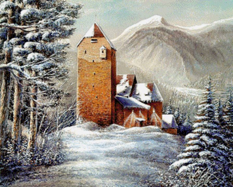 Замок - живопись, лес, зима, замки, пейзаж - предпросмотр