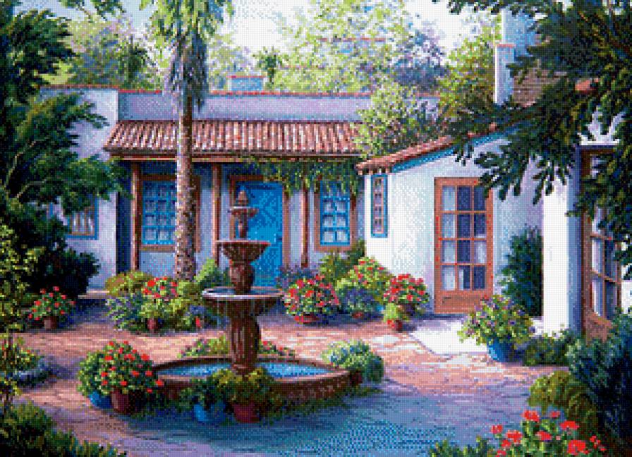 Уютный дворик - пейзаж, домик, фонтан, дворик - предпросмотр