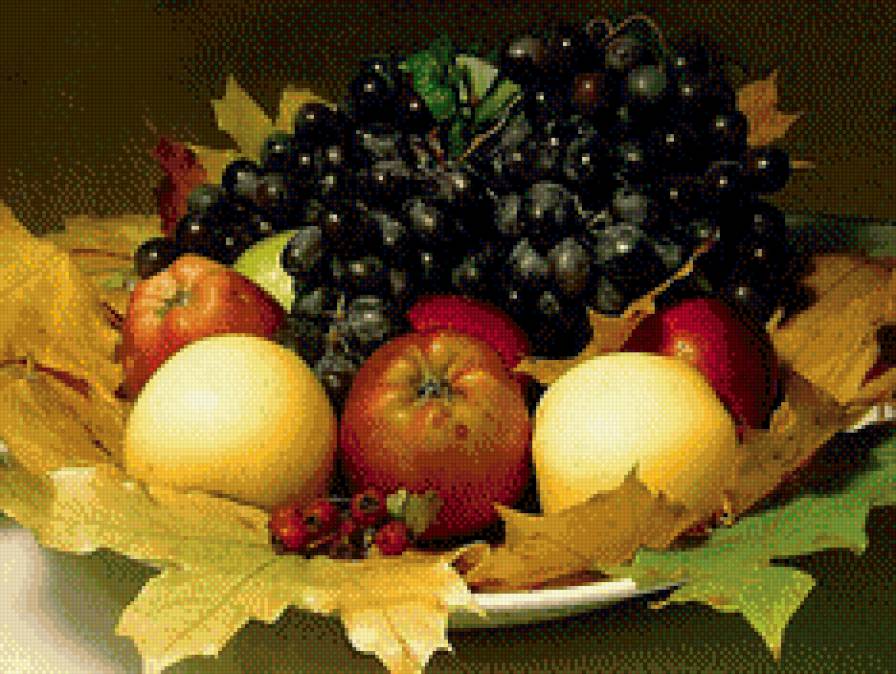 натюрморт - яблоки, листья клена, виноград - предпросмотр