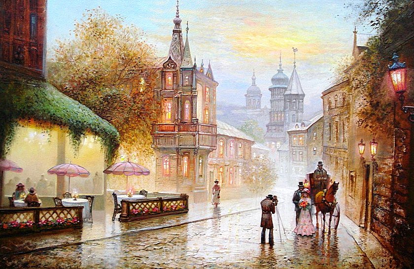 В городе дождь - дождь, фонари, люди, карета, город, вечер, зонтики - оригинал