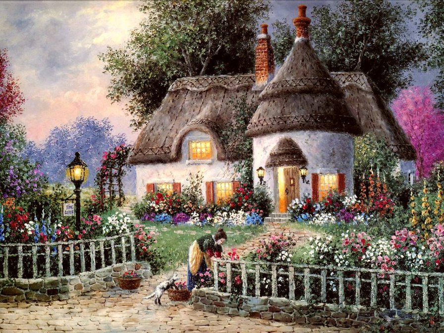 в саду у домика - домик, природа, цветы, сад, человек, дорожка, кот, дом, сказка, садик - оригинал
