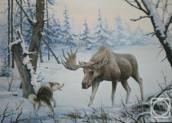 встреча в зимнем лесу - лайка, собака, лес, зима, природа, волк, олень, снег, лось - оригинал