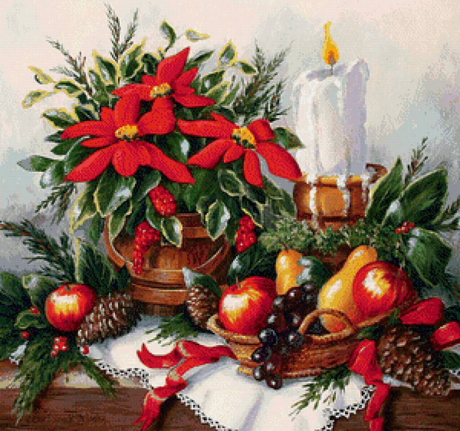 Новогодний натюрморт - свеча, фрукты, шишки, натюрморт, цветы - предпросмотр