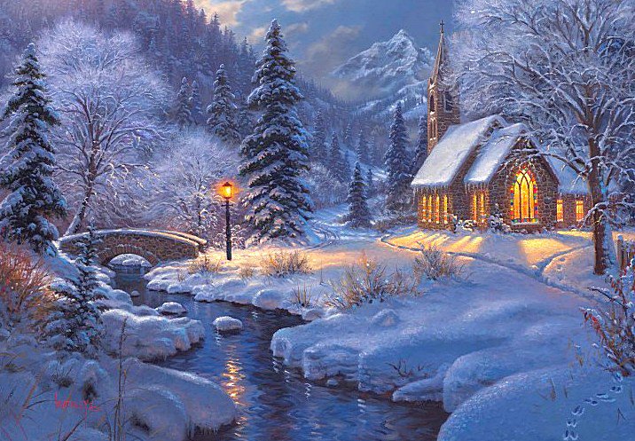 Зимний вечер - зима.мост, елки, пейзаж, картина, домик, река, фонари - оригинал