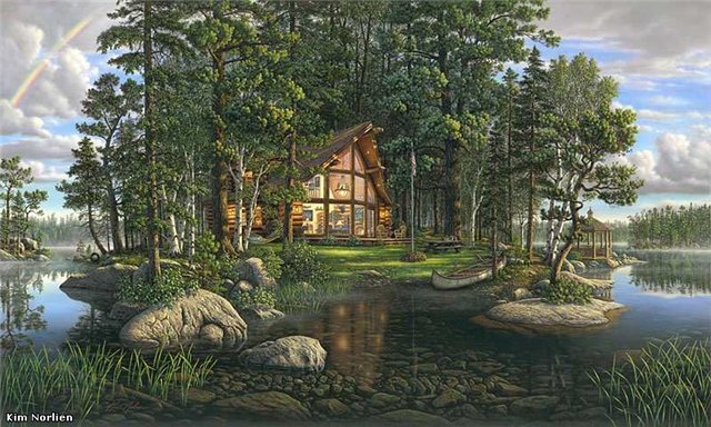 джуди гибсон 8 домик на острове - озеро, природа, пейзаж, лес, река, джуди гибсон, остров, домик, картина - оригинал