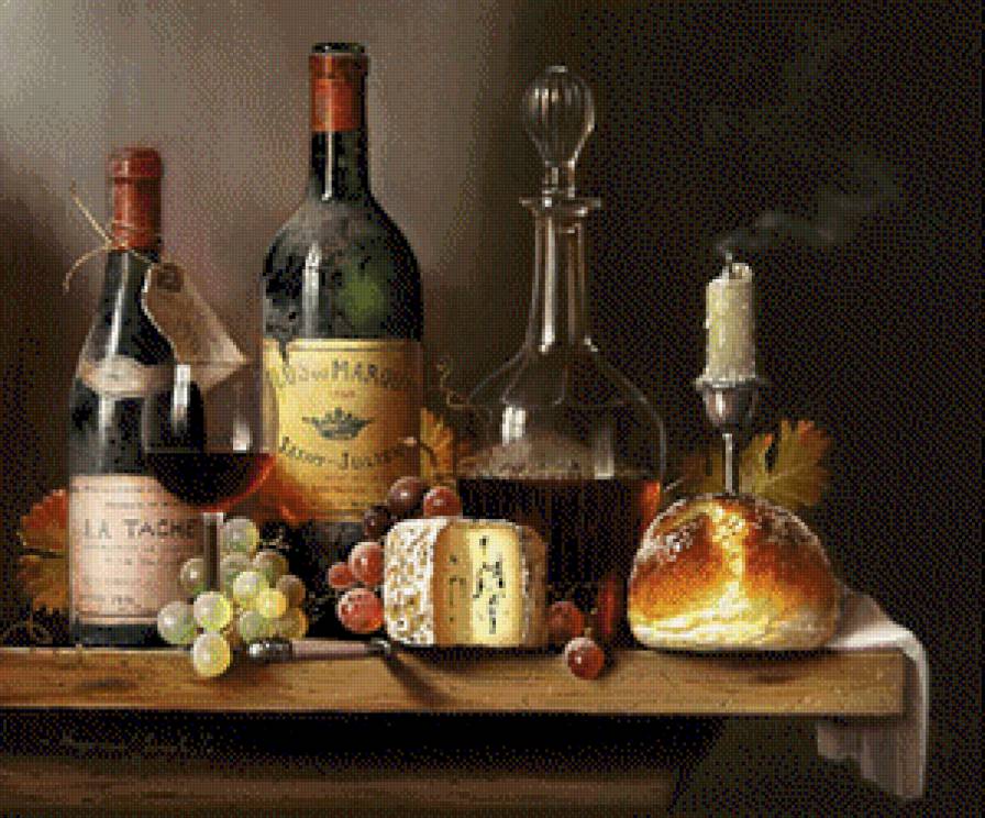 Винтажный натюрморт - натюрморт, хлеб, вино, виноград - предпросмотр