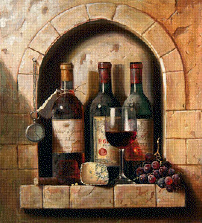 Винтажный натюрморт - натюрморт, вино, виноград, часы - предпросмотр