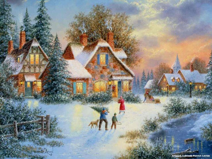 джуди гибсон 15 в деревеньке - деревня, зима, картина, рождество, елка, село, снег, джуди гибсон - оригинал