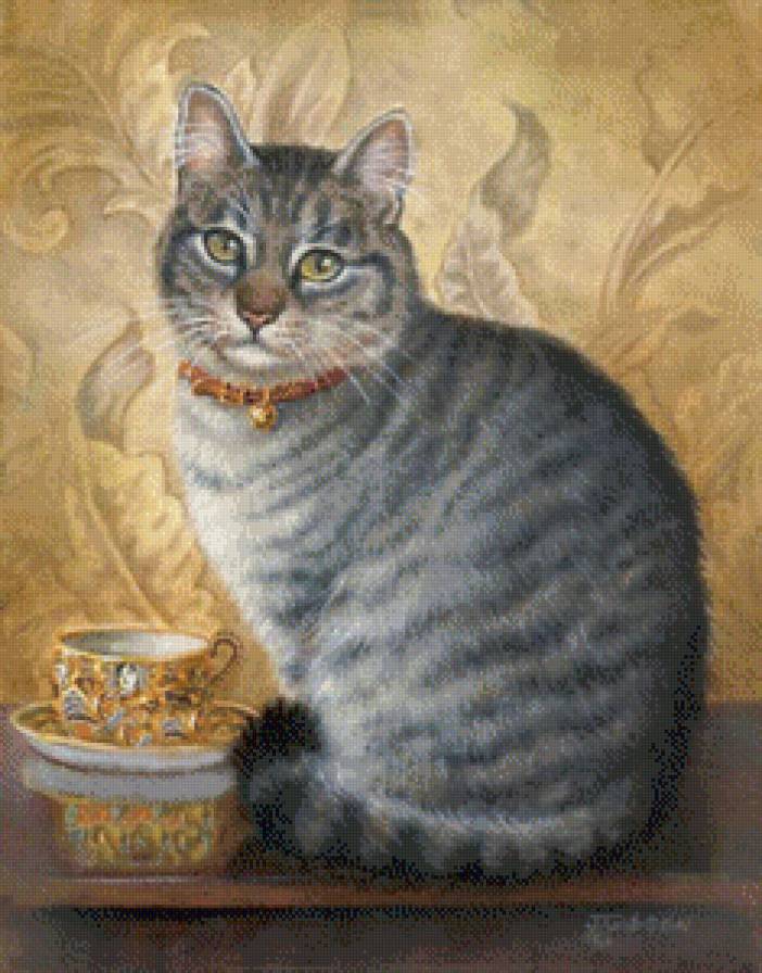 джуди гибсон 32 серый кот - картина, кот, котенок, дом, подарки, джуди гибсон, кошка, коробка, уют - предпросмотр