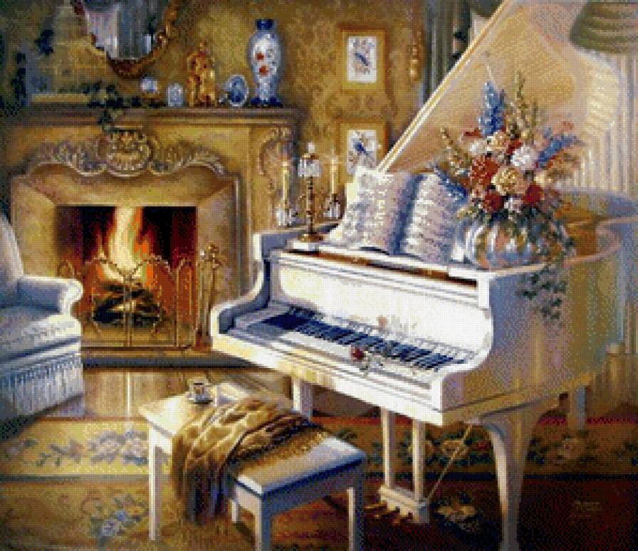 джуди гибсон 37 белый рояль у камина - ноты, камин, джуди гибсон, комната, роза, рояль, дом, цветок - предпросмотр