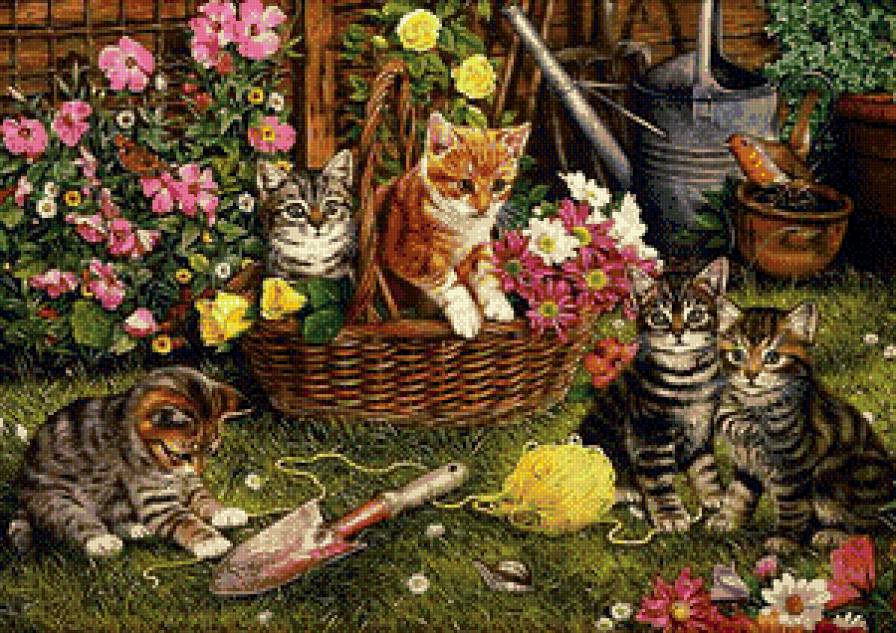Котята в саду - котята, сад, животные, цветы - предпросмотр