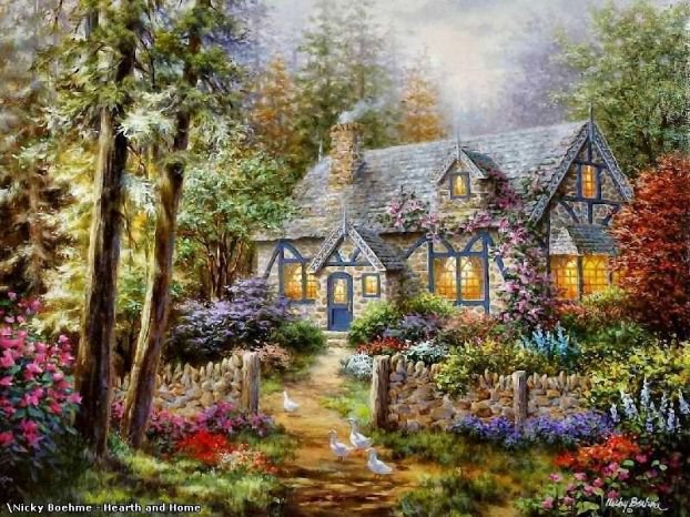 домик на лесной опушке - природа, сад, домик, дом, цветы, садик, сказка, дорожка, арка, лес - оригинал