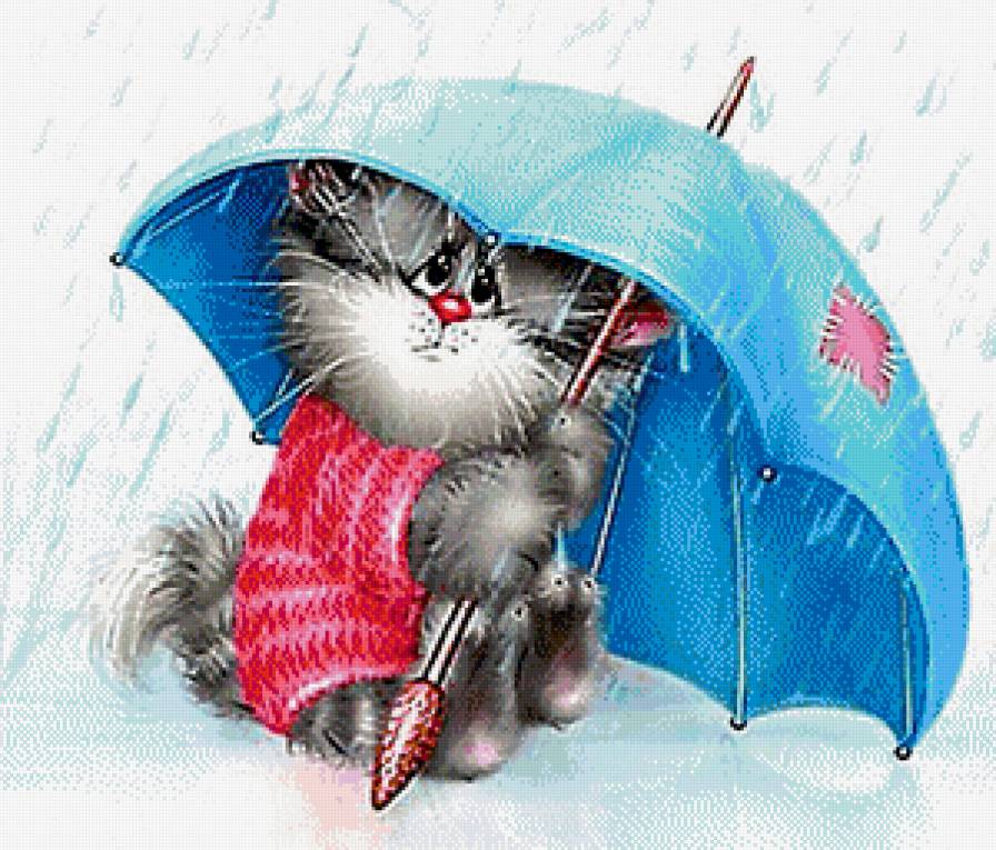 Котенок под дождиком - животные, малышам, зонтик, котенок, дождик - предпросмотр