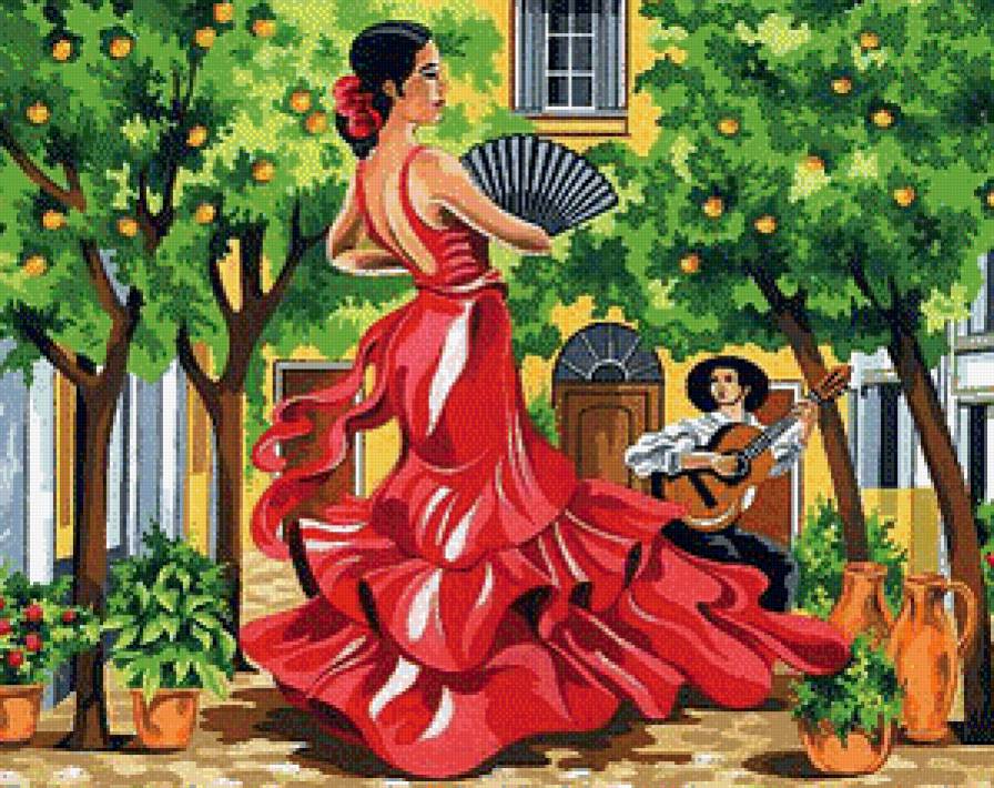 Испанский танец - гитара, картина, веер, девушка, испанка, танец - предпросмотр