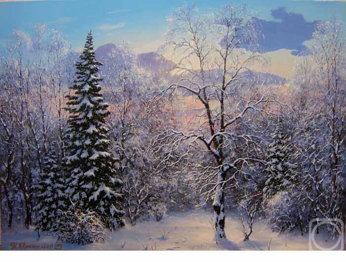 зимний лес и горы - пейзаж, снег, картина, горы, природа, лес, зима, сугроб - оригинал