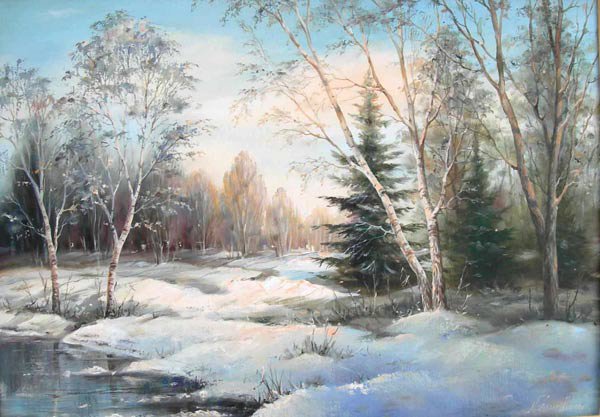 зимний пейзаж утро - природа, зима, елки, березы, дерево, ели, сугроб, лес, снег, пейзаж - оригинал