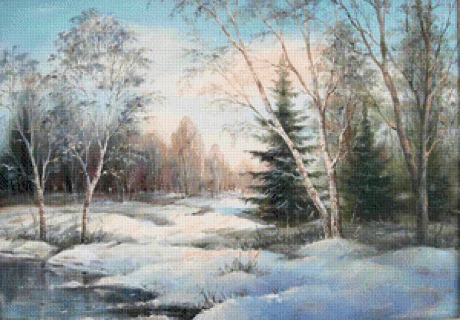 зимний пейзаж утро - дерево, сугроб, снег, ели, зима, березы, елки, природа, лес, пейзаж - предпросмотр