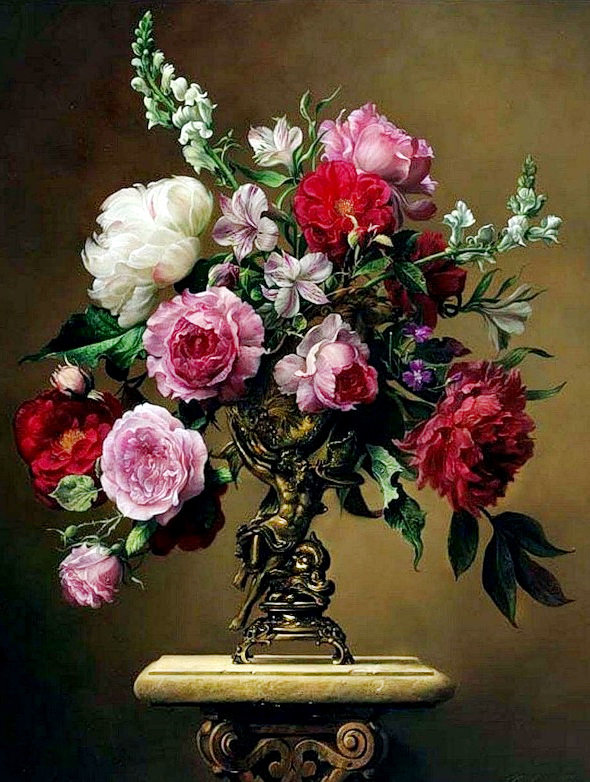 старинная картина - пион, розы, фрезия, ваза, букет, живопись, цветы, статуэтка - оригинал