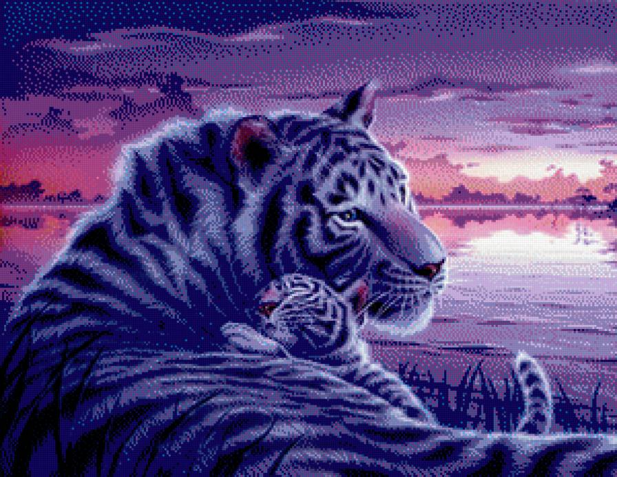 тигры часть 1 - луна, хищник, природа, тигренок, вода, живопись - предпросмотр