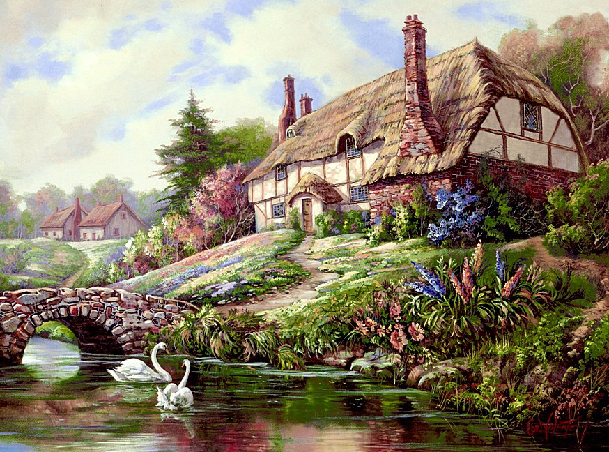 Уютный домик - пейзаж, лебеди, пруд, красота, мостик, домик, цветы - оригинал
