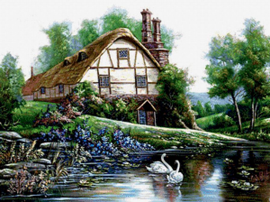 Уютный домик - цветы, пейзаж, домик, пруд, мостик, лебеди, красота - предпросмотр