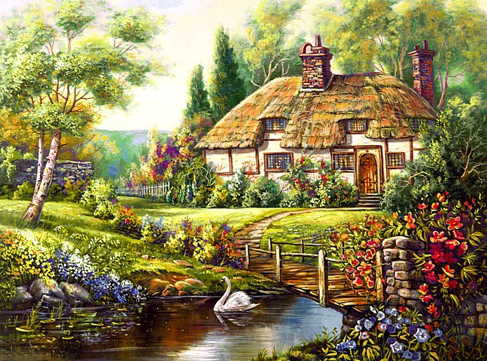 Уютный домик - красота, лебеди, домик, цветы, мостик, пруд, пейзаж - оригинал