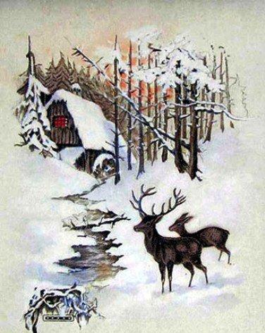 лесной домик - олени, ручей, пейзаж, зима, домик, лес, природа - оригинал