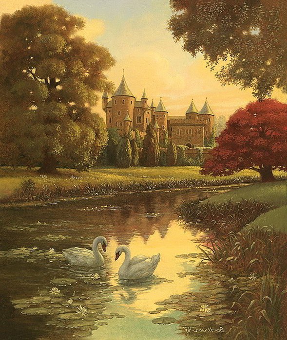 замок с лебедями - пейзаж, замок, речка, лебеди, природа - оригинал