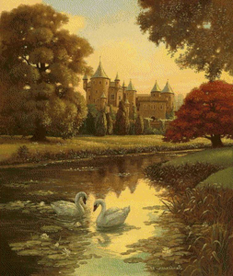 замок с лебедями - природа, лебеди, речка, пейзаж, замок - предпросмотр