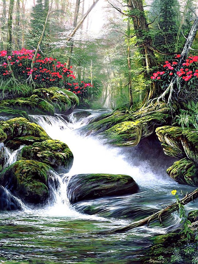 водопад в лесу - природа, лес, водопад, пейзаж - оригинал