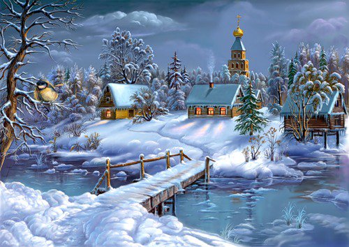 Виктор Цыганов 6 зимняя сказка - деревня, пейзаж, поляна, картина, зима, виктор цыганов, домик, природа - оригинал