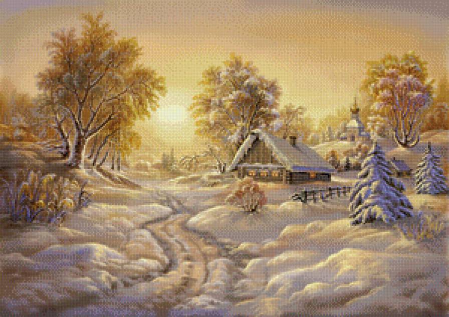 Виктор Цыганов 9 зима - зима, виктор цыганов, пейзаж, картина, поляна, природа, домик, деревня - предпросмотр