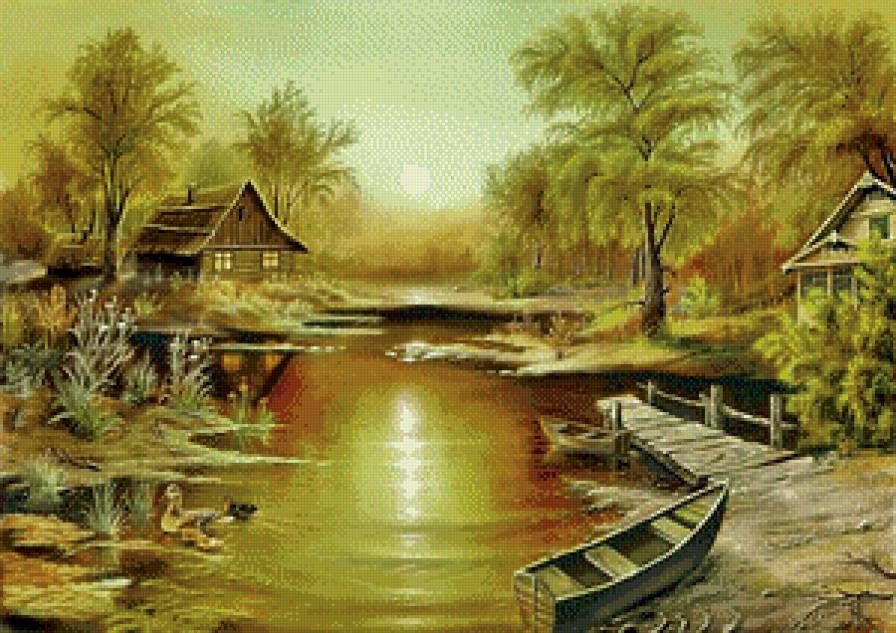 Виктор Цыганов 16 у реки - осень, виктор цыганов, лес, домик, пейзаж, картина, природа, озеро - предпросмотр